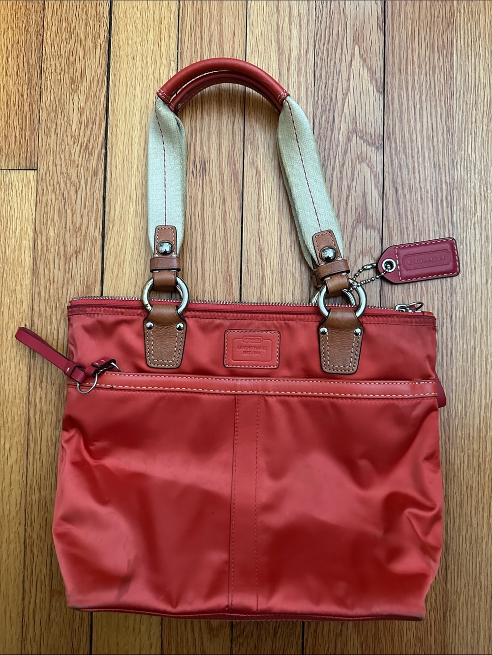 Coach Red Nylon Tote with Tan Leather Accents